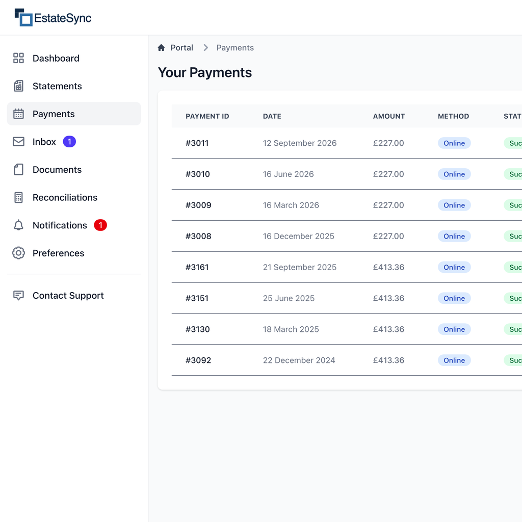 Leaseholder payment history in EstateSync