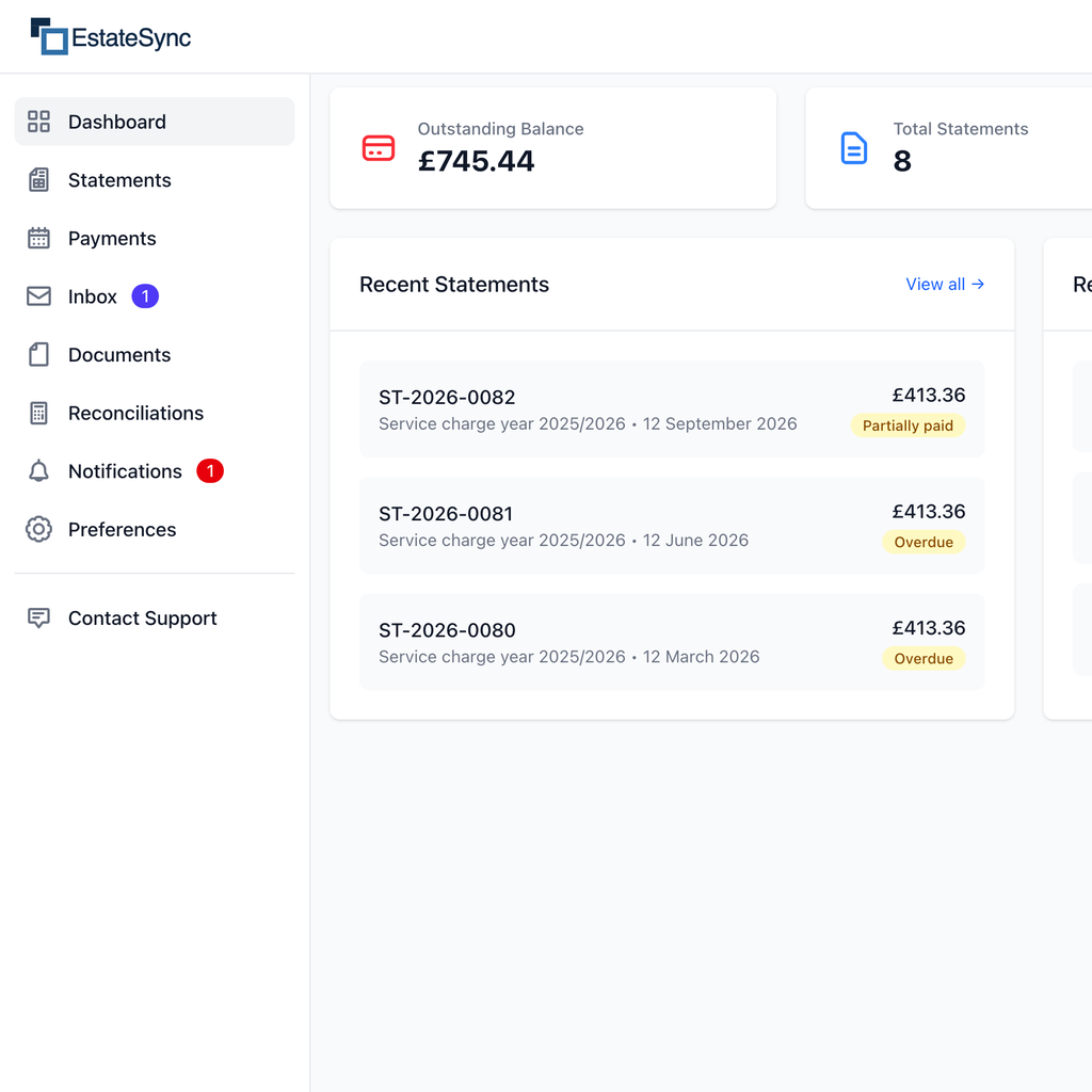 Leaseholder portal dashboard in EstateSync